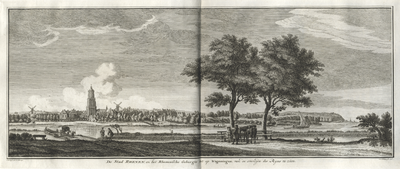 135839 Gezicht op Rhenen vanaf de zuidoever van de Rijn met rechts op de achtergrond de Grebbeberg.01-01-1750-31-12-1750